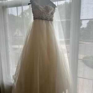 Vintage 1990s Lazaro tulle wedding gown with train and floral beading